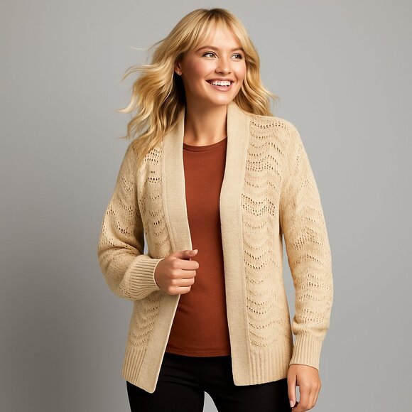 Maurice’s XL Beige Open Knit Cardigan Sweater Boho Eyelet Long Sleeve Cozy Prep - Picture 1 of 7